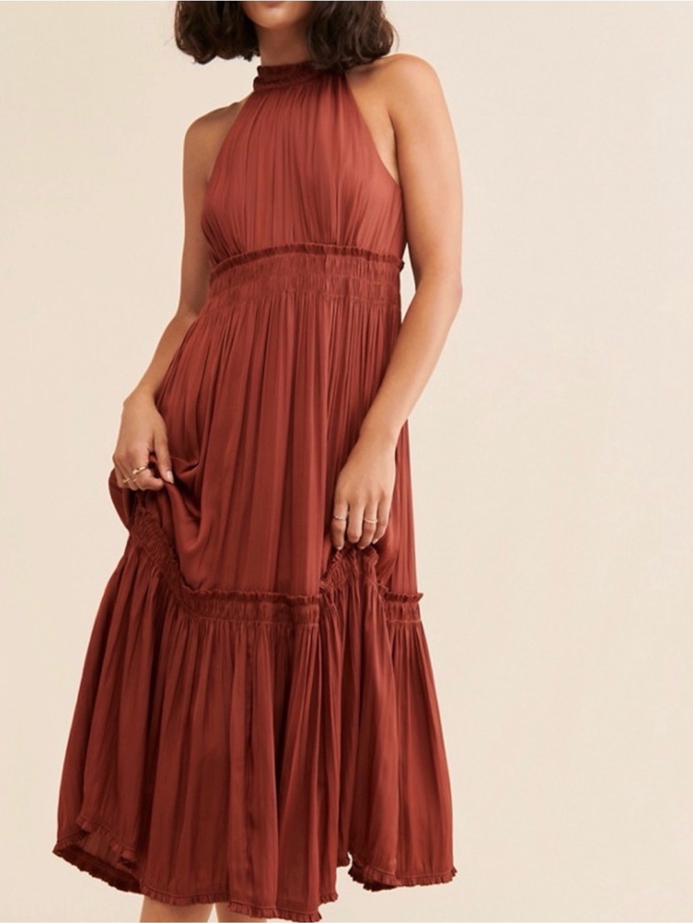 Anthropologie Maeve Smocked Halter Tiered Pleated Maxi Dress Rust Terracotta
